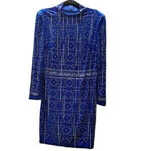 Royal Sapphire Blue Long Sleeve Velvet Rhinestones Mock Neck Mini Dress